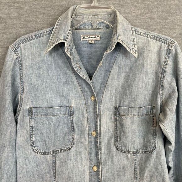 GUESS Vintage Y2K Denim Shirt Womens Small Slim Fit Chambray Western Light Wash - Picture 2 of 11